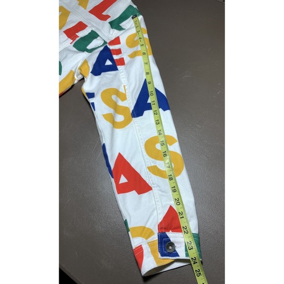 Desigual Multicolor Logo Print White Denim Jean Jacket L Graphic Button Front - Picture 11 of 16